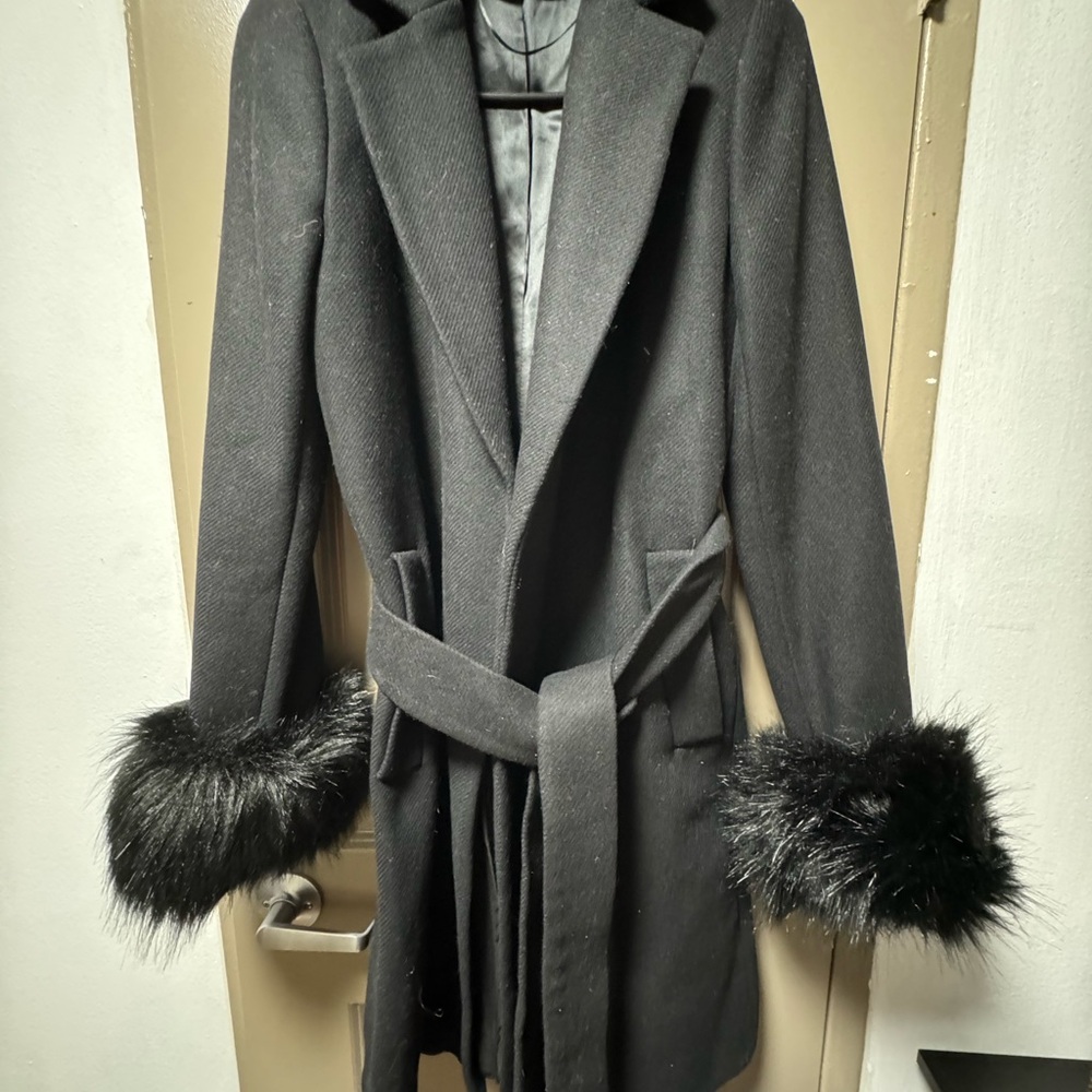 Zara Black Trench Coat with Faux Fur Cuffs